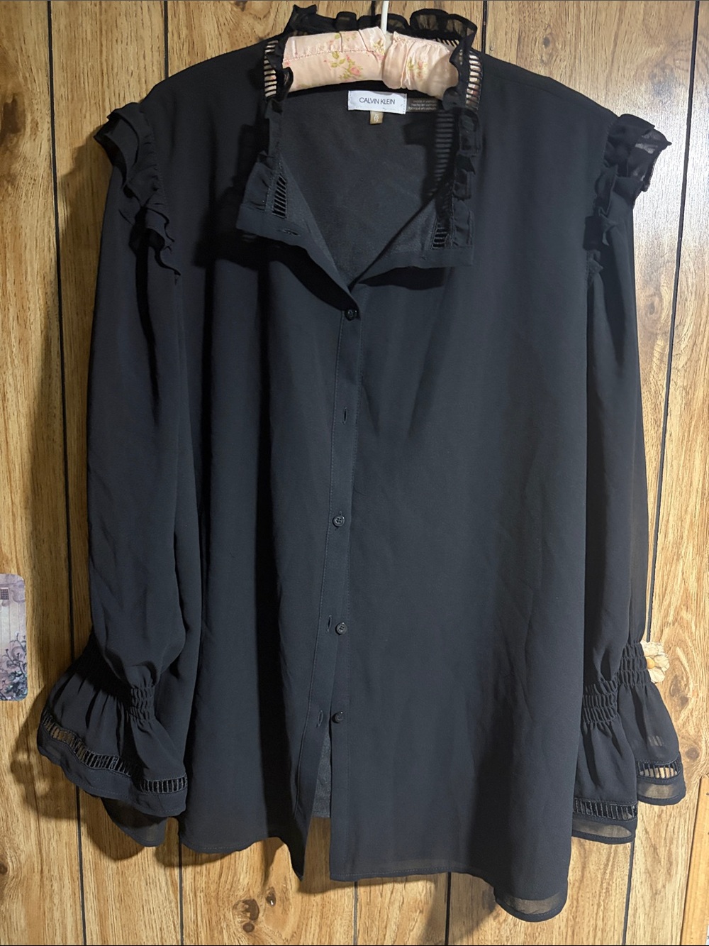 Calvin Klein Black Ruffle-Trim Button Front Women's Top